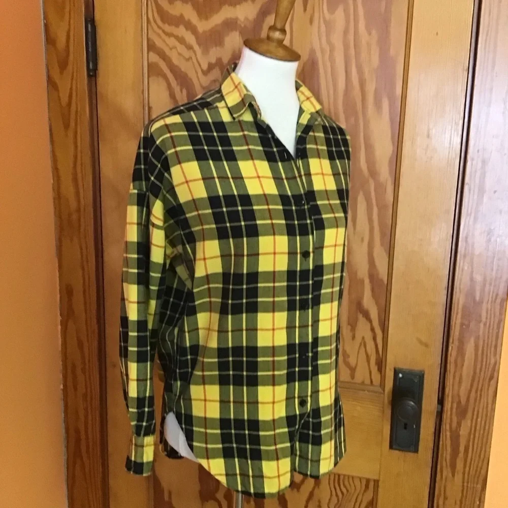 Vintage 90s Yellow Plaid Flannel Shirt Colors by Brooks Soft Grunge Preppy - Picture 7 of 11